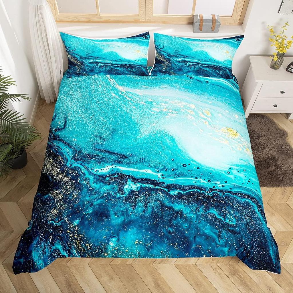 Marble Duvet Cover Twin, Gold Glitter Abstract Marbling Bedding Set Watercolor Stone Marble Texture Comforter Cover, Aqua Blue