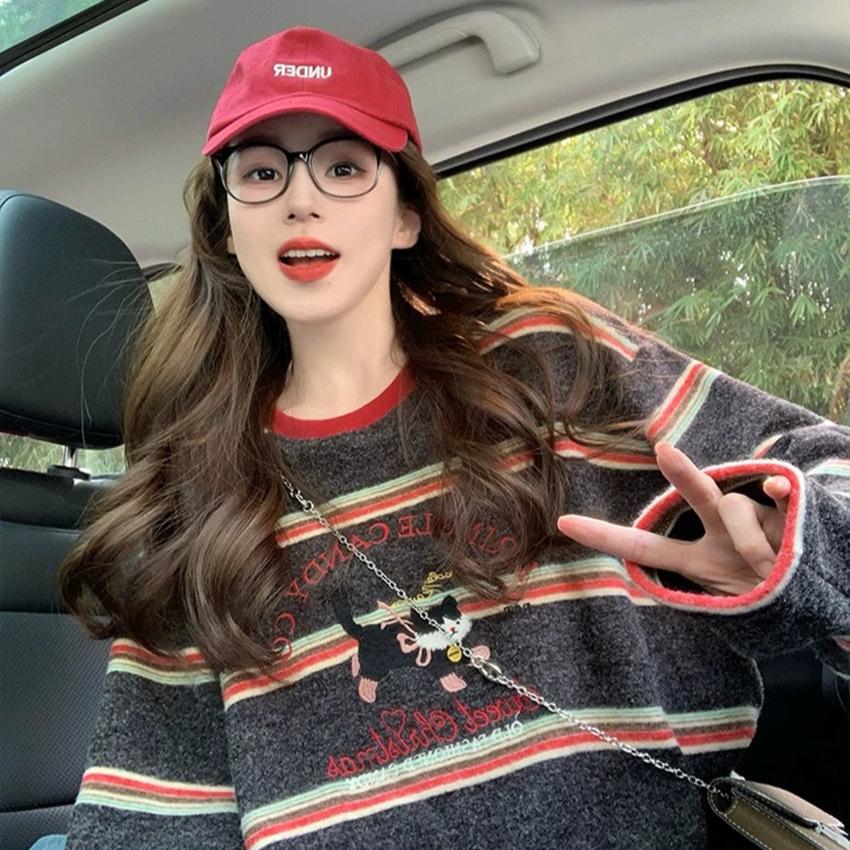 Korean Striped Long-Sleeve Retro T-Shirt for Women - New 2025 Spring/Autumn Collection