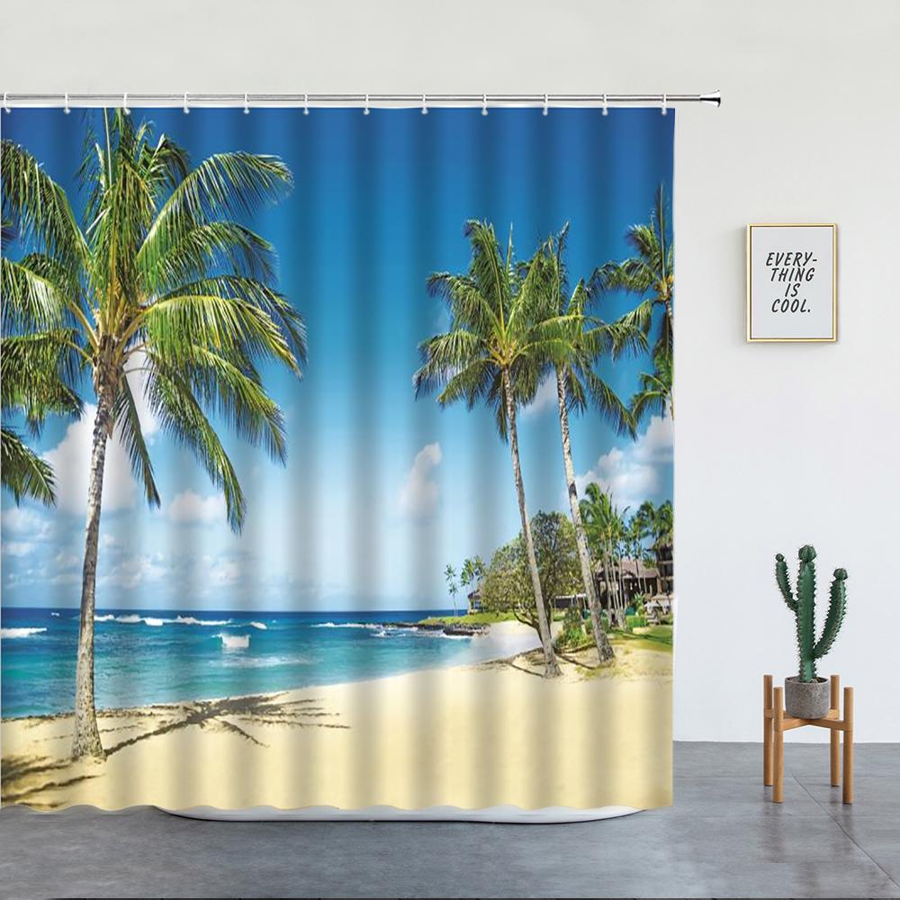Beach Palm Trees Shower Curtains Sunset Island Hawaii Ocean Natural Landscape Polyester Bathroom Decor Cloth Bathtub Curtain Set