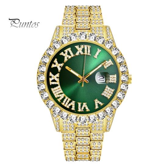 Men Watch Shiny Rhinestone Inlaid Hip Hop Stainless Round Dial Quartz Movement Luxury Color Matching Decorative Business Wristwatch Jewelry