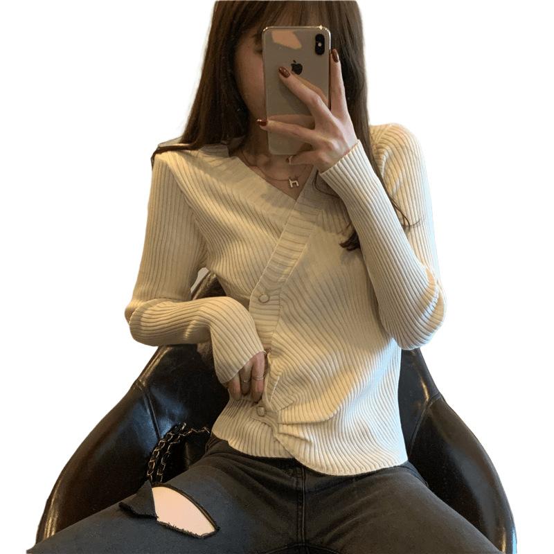 Autumn and Winter Button Irregular Long-sleeved Knitted Sweater Women's New Korean Version Design V-neck Bottoming Shirt Top