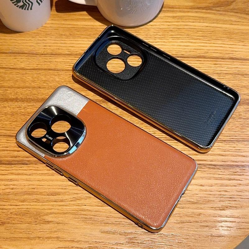 Color Collision Brown Leather Case For Honor Power Metal Camera Lens Protection High-end Gold Plating Bumper Shockproof Cover