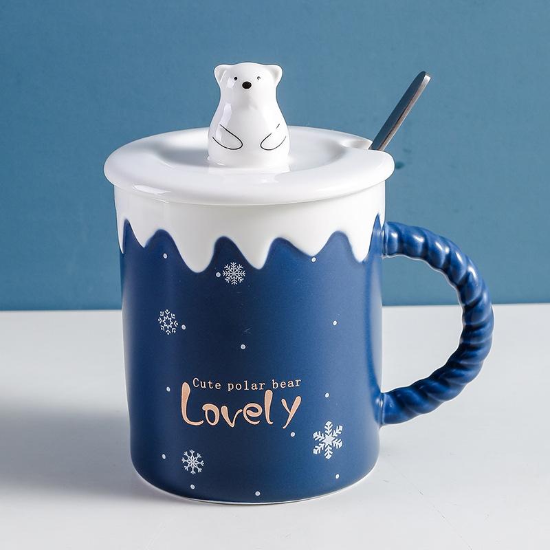 Cute Polar Bear Ceramic Mug With Lid Spoon Coffee Cups Creative Drinkware Coffee Tea Milk Cup Gifts