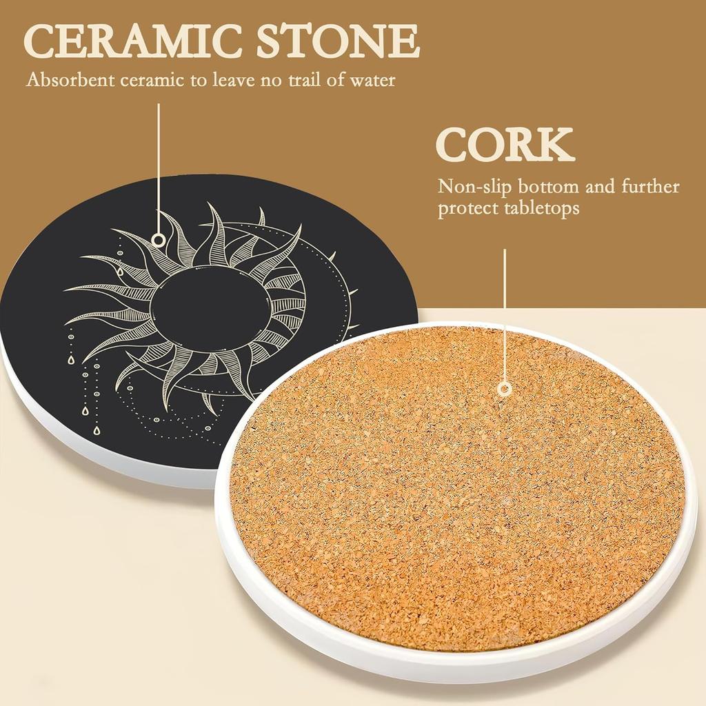 Drink Coasters with Holder,6 Pcs Moon Phases Absorbent Ceramic Coasters with Cork Base,Cute Funny Table Drinks Coasters,Table Home Decor,4 Inches