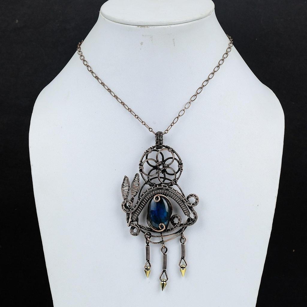 Labradorite Pendant, Handmade Gemstone 999 Copper Wire Wrapped Pendant Antique Jewelry, For Gift Silver Jewelry