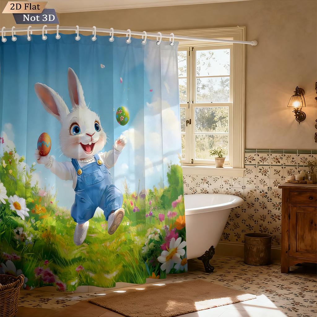 1pc Easter Happy Cartoon Rabbit Printed Waterproof Shower Curtain Partition Privacy Hanging Curtain With 12 Hooks Multiple Sizes