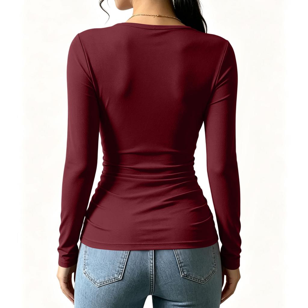 Damen Langarm V-Ausschnitt Bluse mit Kreuzfront und geraffter Taille für Herbst Winter