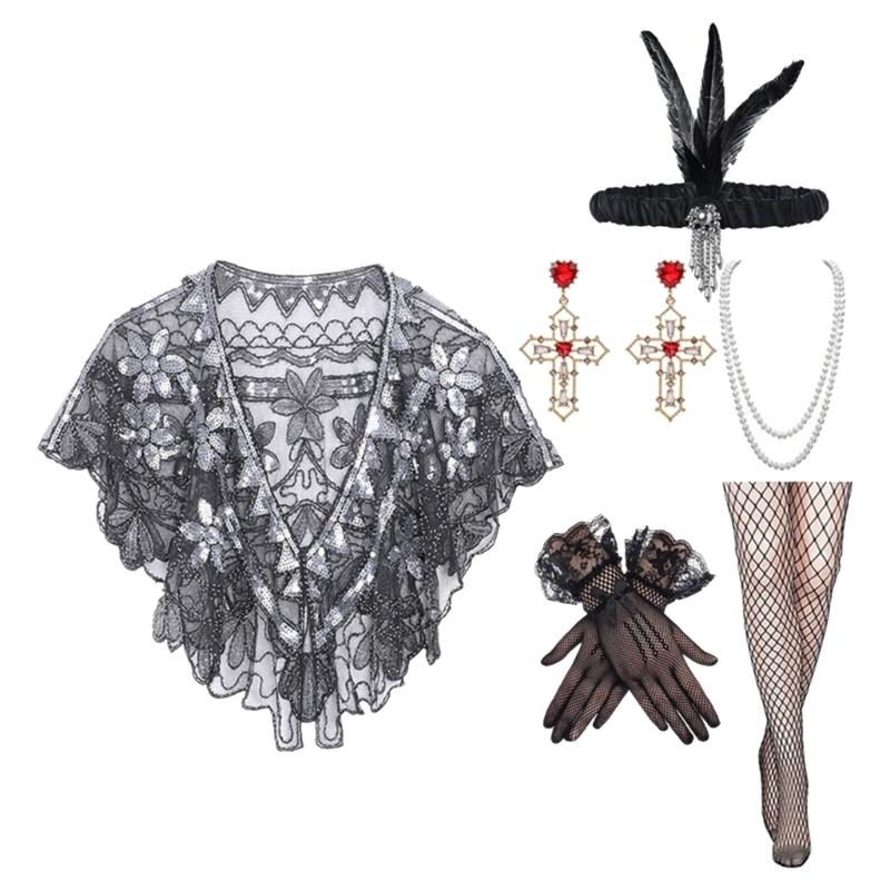 1920s Flapper Costume Set for Women with Sequined Shawl and Pearls Necklace Accessories for Gatsby Parties