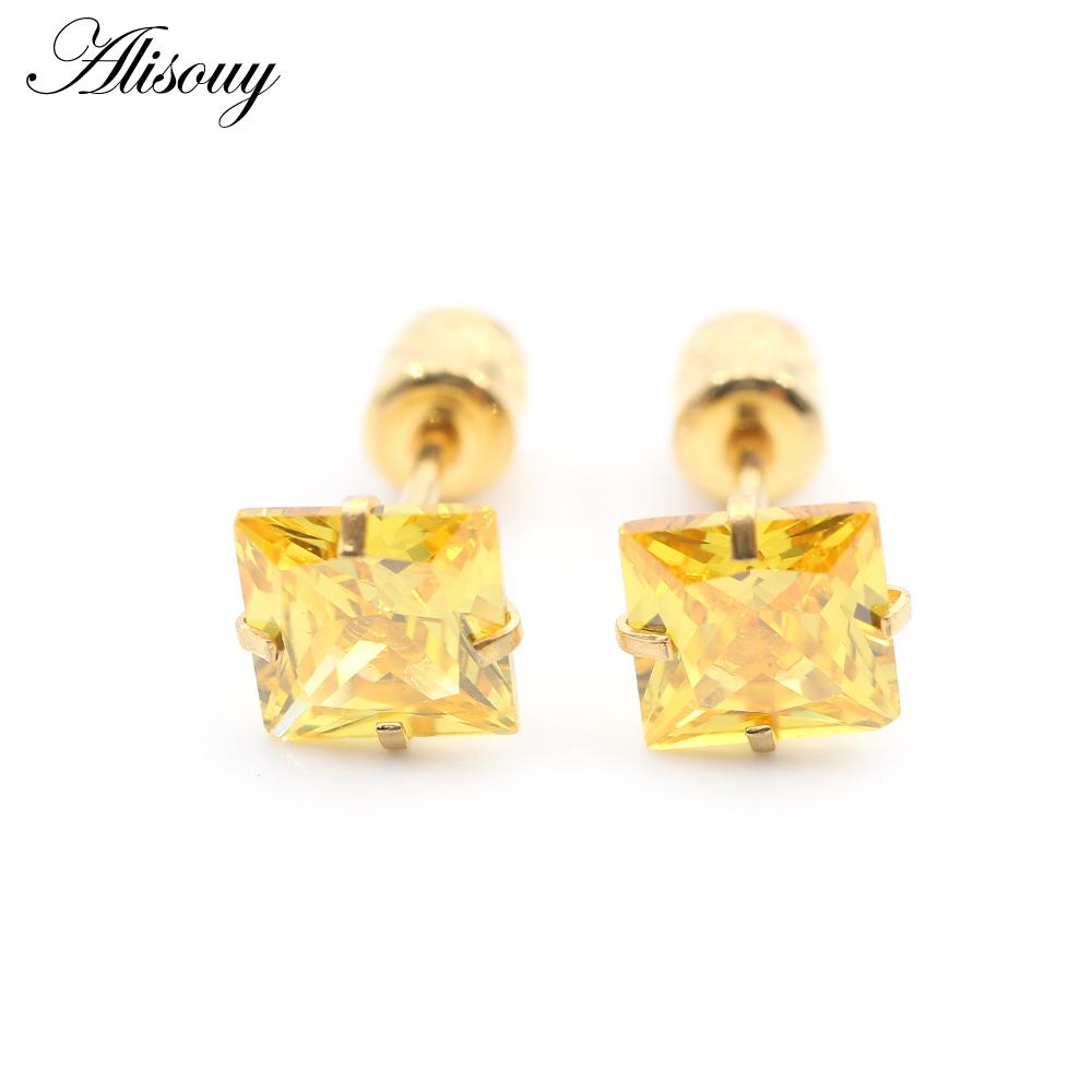 Alisouy 2 bucăți din oțel inoxidabil 4 dinte pătrat zircon CZ femei bărbați fată ureche stud cartilaj șurub cercei piercing bijuterii
