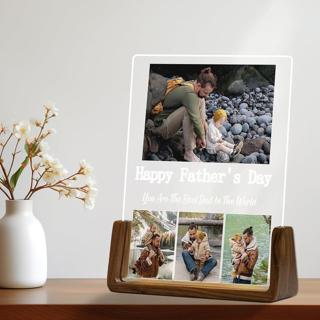 Custom Father's Day Gift for Dad, Photo Acrylic Plaque Personalized Night Light, Walnut Photo Frame with Night Light, Unique Romantic Birthday