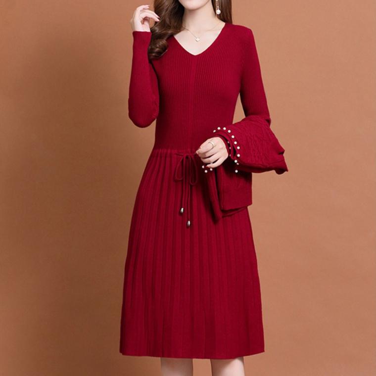 Two-piece Knitted Vest Dress for Women Long-sleeved Solid-color Sweater Dress Casual Mid-length Sweater for Autumn and Winter