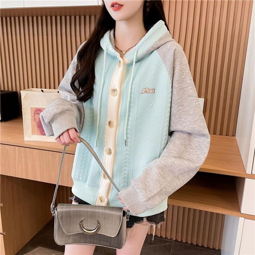 Color Blocked Hooded Jacket for Women In Plus Size, Spring and Autumn New Thin, Medium and Long Single Breasted Patchwork Hoodie for Women