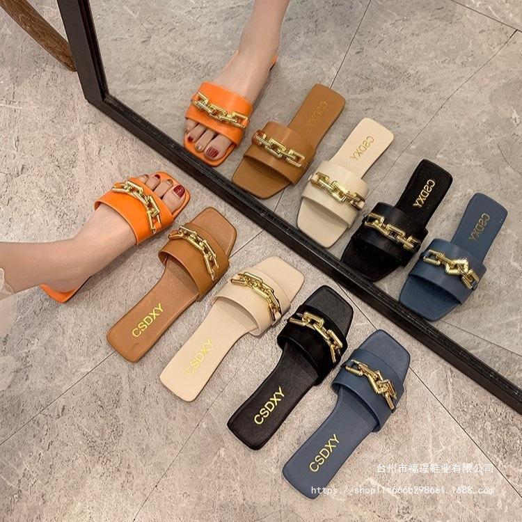 35-42 large size cool slippers women's 2021 summer new one-character metal chain outer wear fashionable blue black
