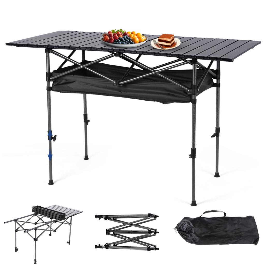 Outdoor Folding Table Lightweight Camping Lifting Table Adjustable Roll-Up Rectangular Table for Picnic Camping Trip Beach BBQ