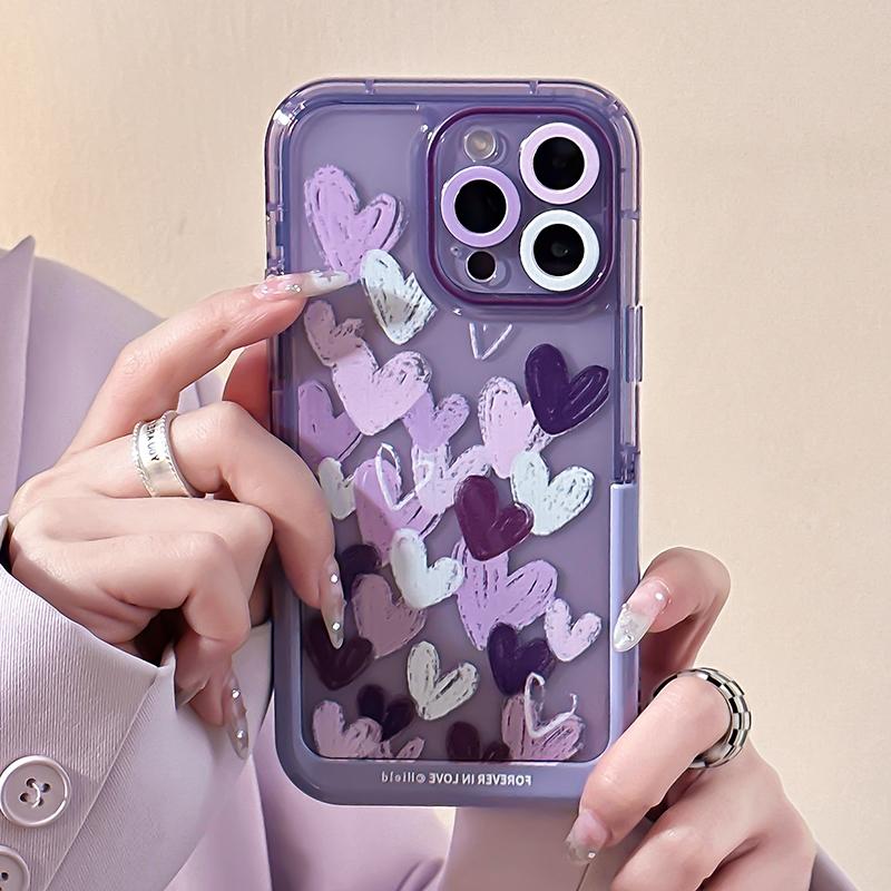 Ins Purple Love Heart Invisible Holder Case For Iphone 13 11 12 14 Pro Max 14 Plus Shockproof Cover With Stand Bracket