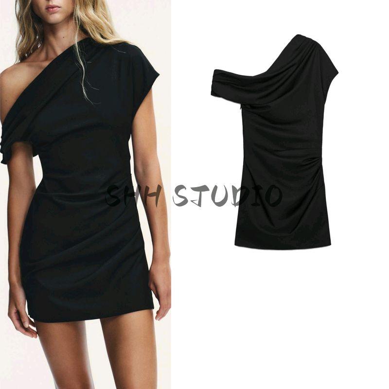 Fall New Women's Clothing French Pleated Decoration Silm Asymmetric Collar Short Sleeve Short Dress 8690210