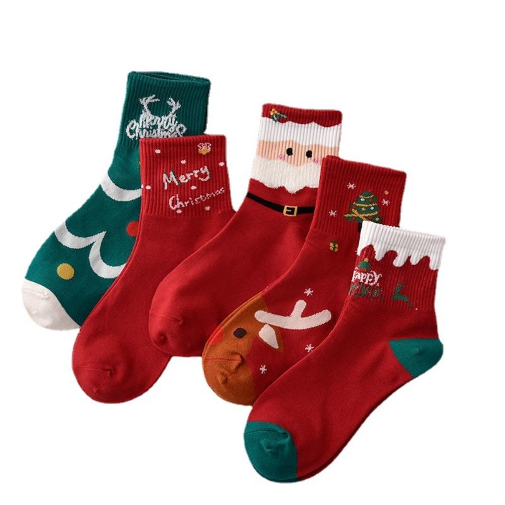 5Pairs Cartoon Christmas Socks Snowman Santa Claus Tube Sock High Ankle Socks Mid-calf Socks  Girl