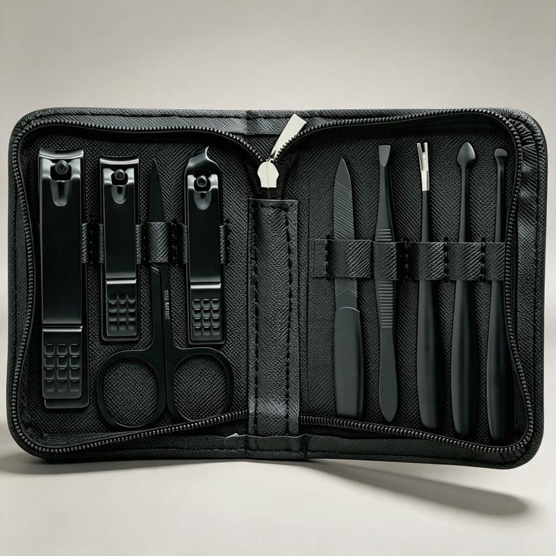 Stainless Steel 9-Piece Manicure & Pedicure Set with Tweezers and Nail Clippers in Black.