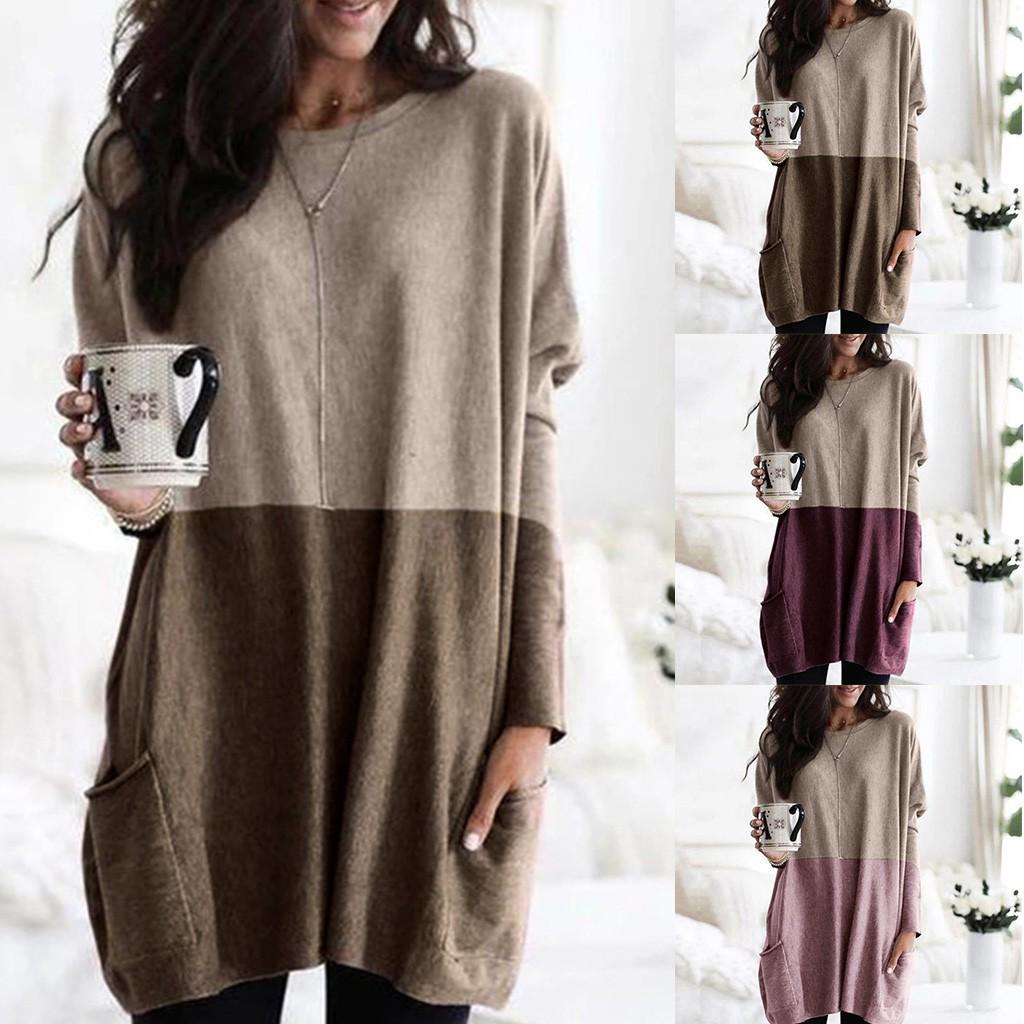 Womens Patchwork Long Sleeve Sweatshirt Loose Pocket Daily Pullover ...