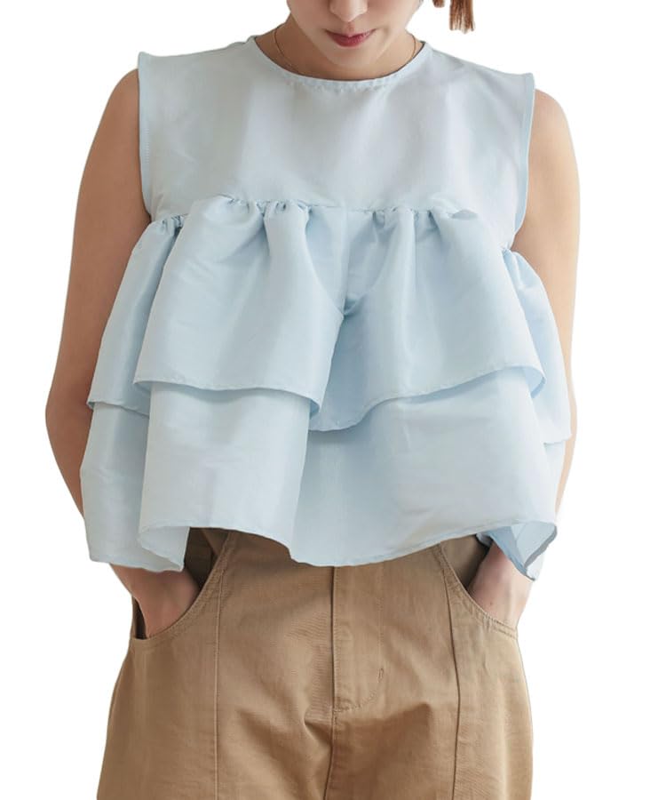 

DONOBAN Women s Sleeveless Tank Top, Cut and Sew Blouse, Flared, Ruffled, Crew Neck, U-Neck, Volume, One Size, Light Blue