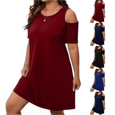 Damen Plus Size Lässiges Lockeres Rundhals-Kurzarm-Off-the-Shoulder-Kleid