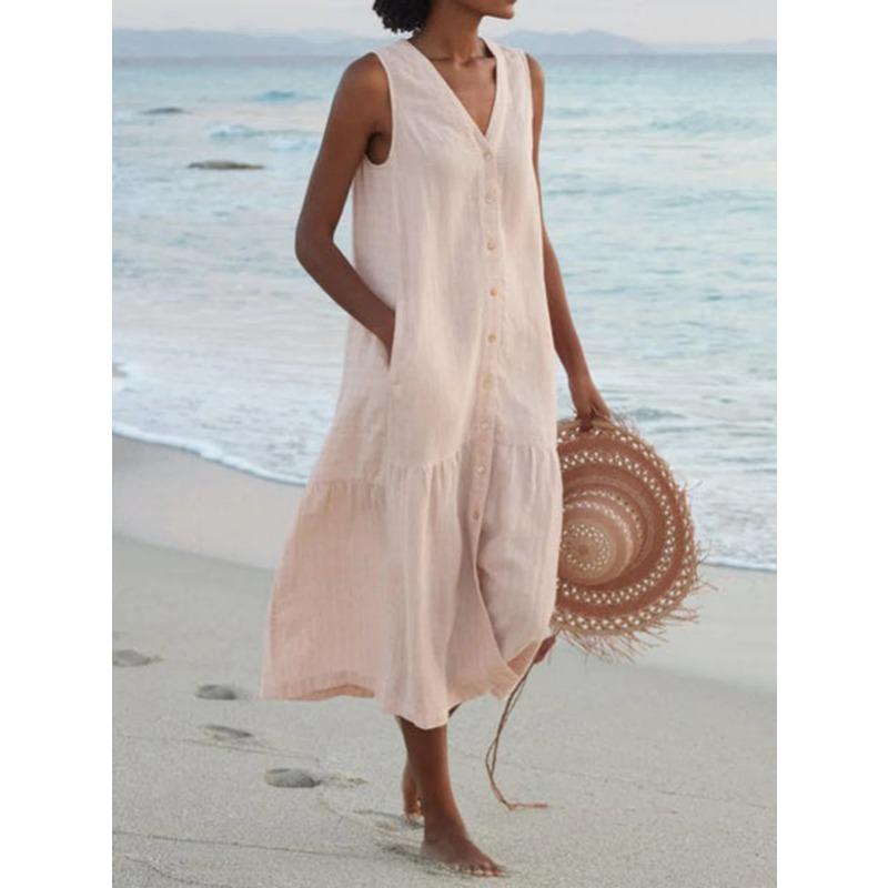 Solid Color V Neck Sleeveless Loose Waist Long Dress Women Casual Commute Vacation