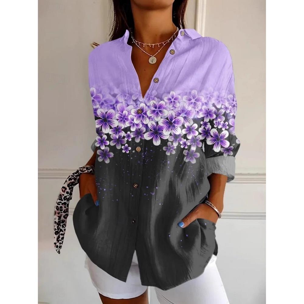 Women's Shirt Floral Active Stylish Buttons Blouse Lapel Neck Blouse Womens Long Sleeve Shirt Womens Clothing