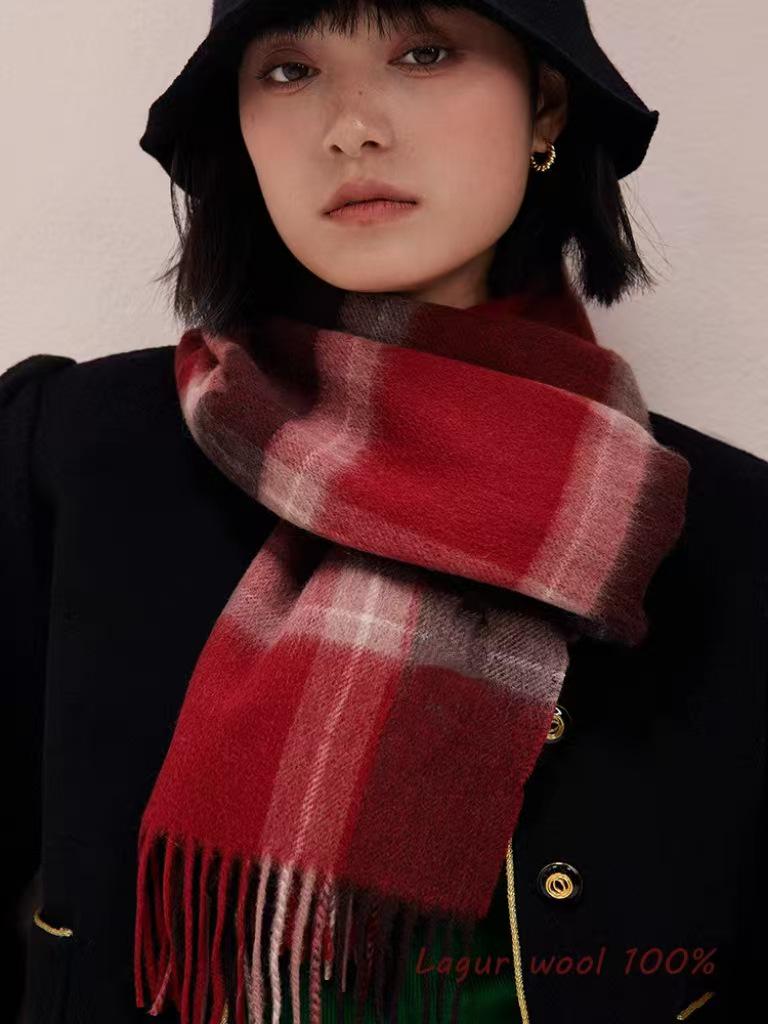 100% Wool Plaid Scarf for Women - Luxury Gift Shawl, Pure Wool Neck Scarf