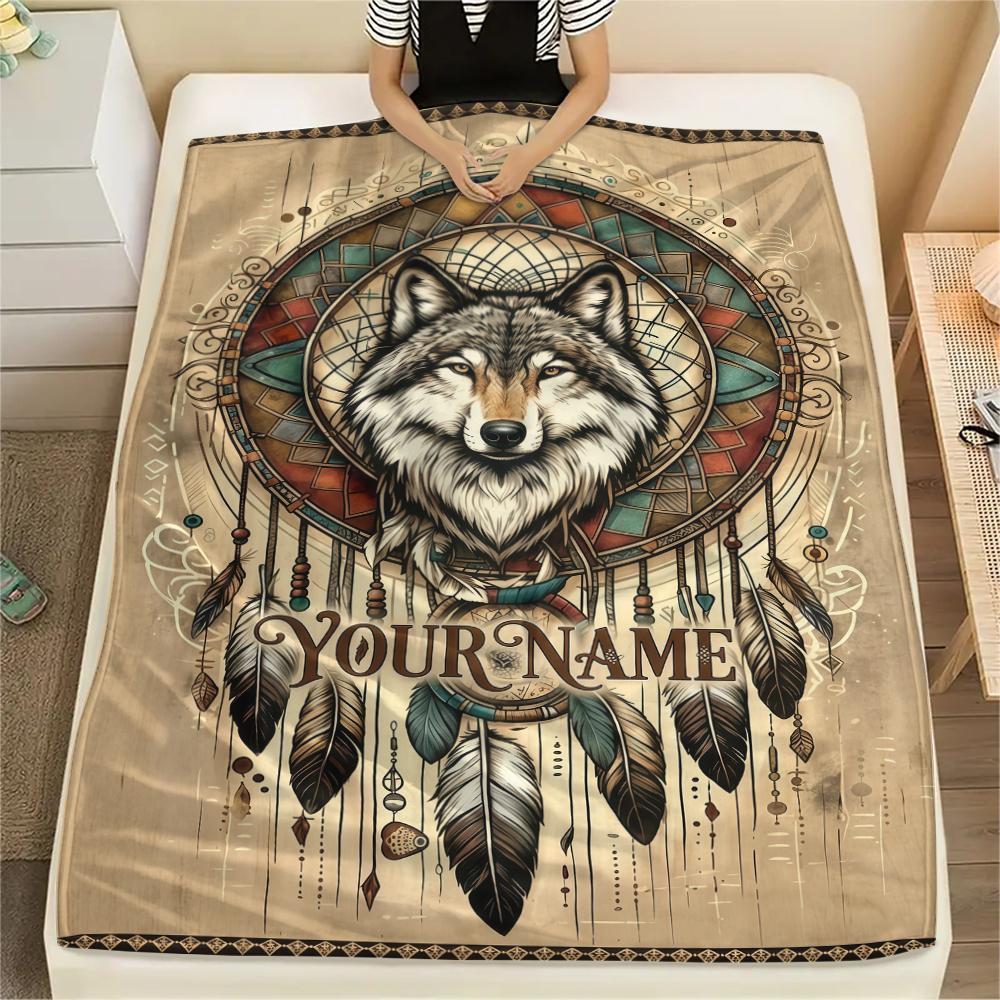 1PC Custom Name Wolf Pair Forest Patterned Flannel Blanket Suitable For All Seasons for Home Decor Warmth and Comfort Gifts Holiday Present_lx
