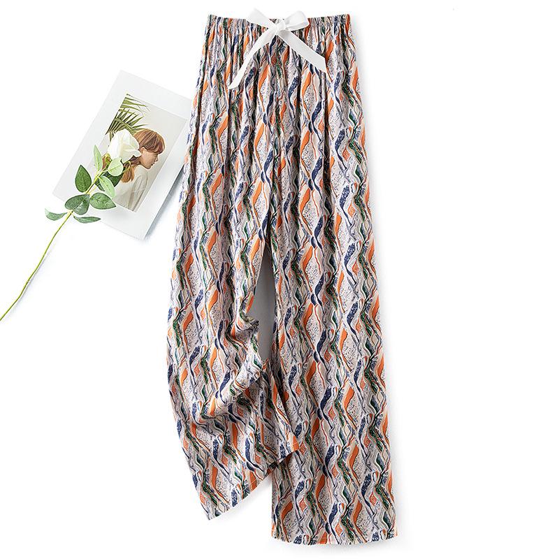 Pantaloni de pijama din bumbac mătase pentru femei, secțiune subțire de vară, anti-țânțari, pantaloni cu picior lat, culoare uni, pentru exterior, casă, petrecere a timpului liber, imprimeu, pantaloni de plajă până la genunchi