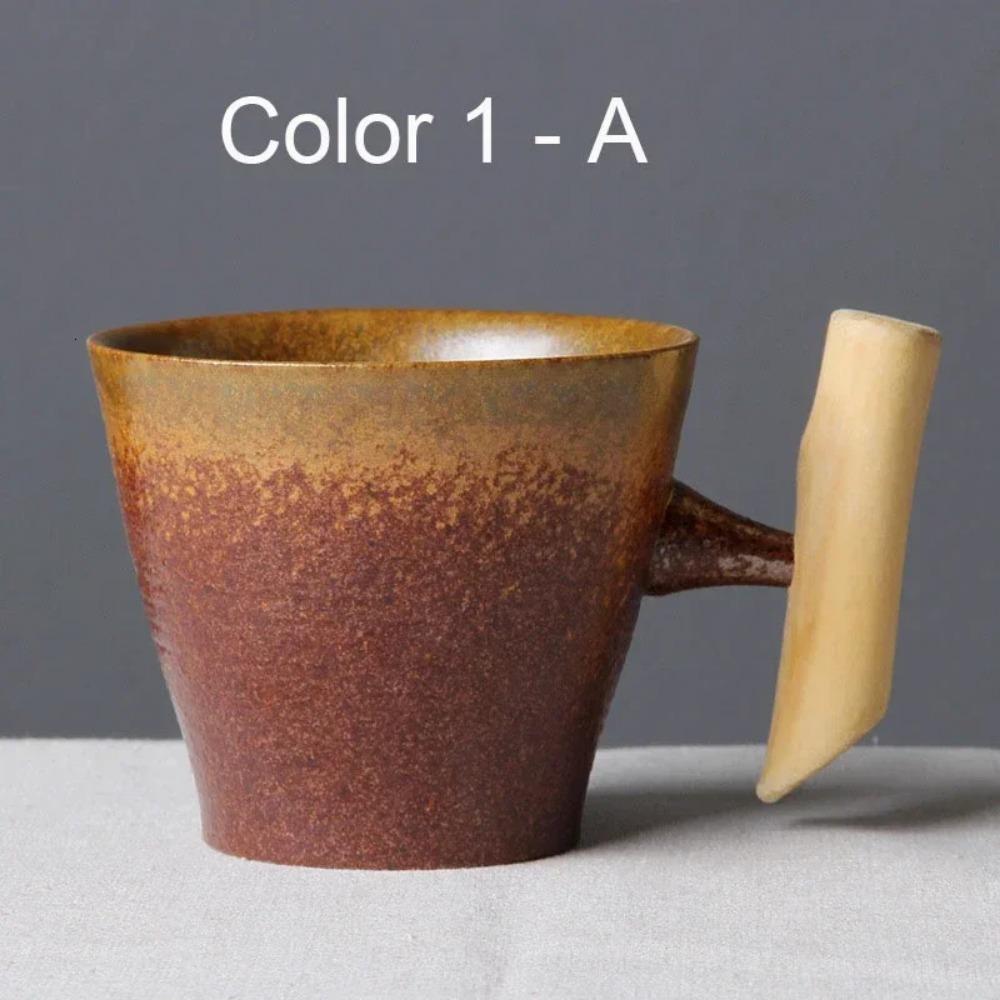 Japanese Vintage Tea Cup Set Ceramic Coffee Mug Rust Glaze Milk Cafe Cup with Wood Handle Water Cup Teacup Home Office Drinkware