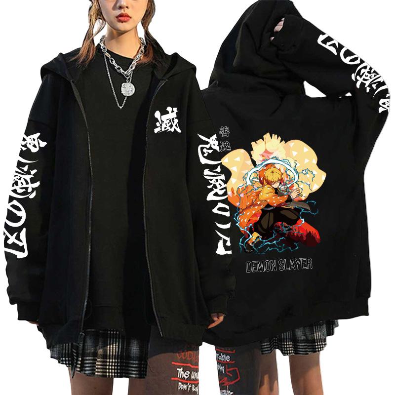 Women's Japanese Retro High Quality Hoodie Harajuku Anime Demon Slayer Printed Zipper Sweatshirt Outerwear Spring Loose Jacket