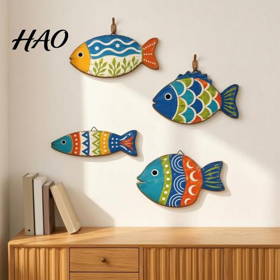 Wooden Fish Wall Art 4PCS Coastal Themed Decoration, Bohemia Colorful Pattern Print Bathroom Seaside Decorations Plaques, Decorative Hanging