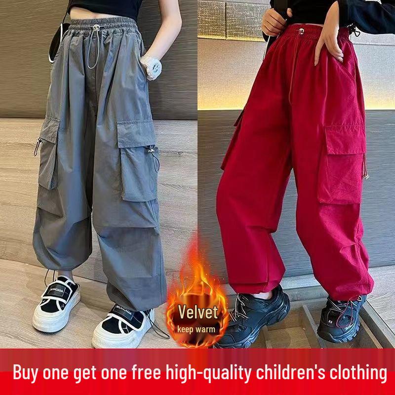 Girls' Autumn/Winter Velvet Cargo Sweatpants with Big Pockets - Trendy and Warm Style