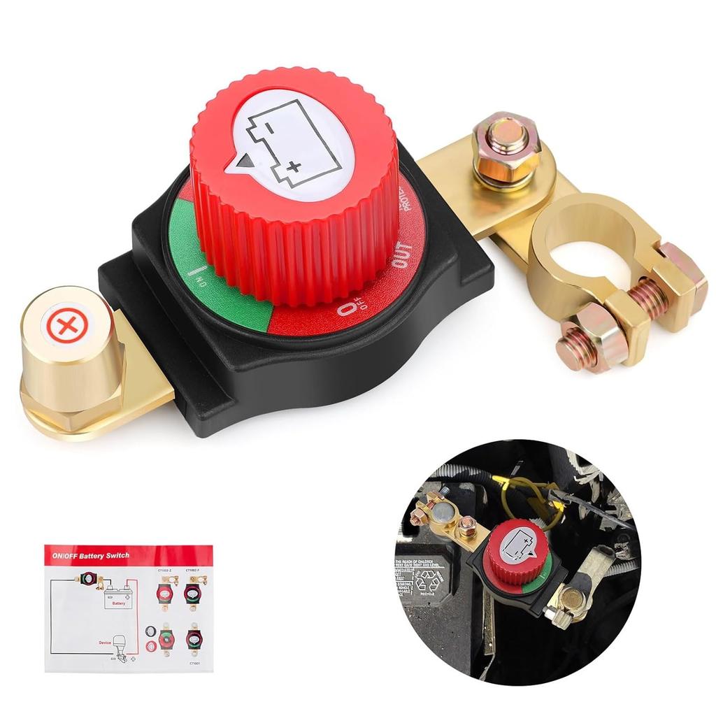 Top Post Battery Disconnect Switch, Positive Heavy Duty 12V 48V Waterproof Master Power Cut Off Isolator, On/Off Battery Switch Brass Terminals