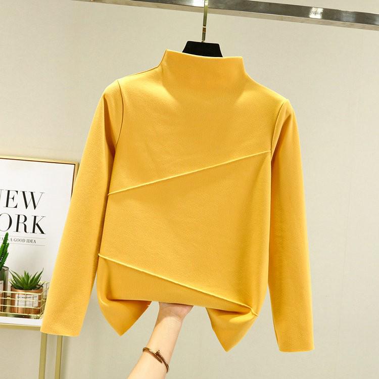 Women's Double-Sided Fleece Semi-High Neck Long-Sleeve Korean-Style Autumn/Winter T-Shirt with Double-Stripe Design