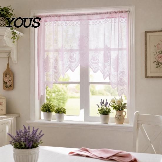 Retro Lace Curtain Half Curtain, Adjustable Lift Structure, Embroidery Floral Sheer Coffee Dustproof Window Screen