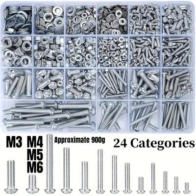 1Set Iron Galvanized Material M3/M4/M5/M6 Hex Head Screws Bolts and Nuts Kit, Bolts Nuts Flat Spring Washers Assortment Kit