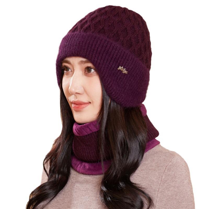 Autumn and Winter Middle-aged and Old Mother Wool Hat Knitted Two-piece Set, Ear Protector, Pullover Hat, Scarf, Plush Warm Hat
