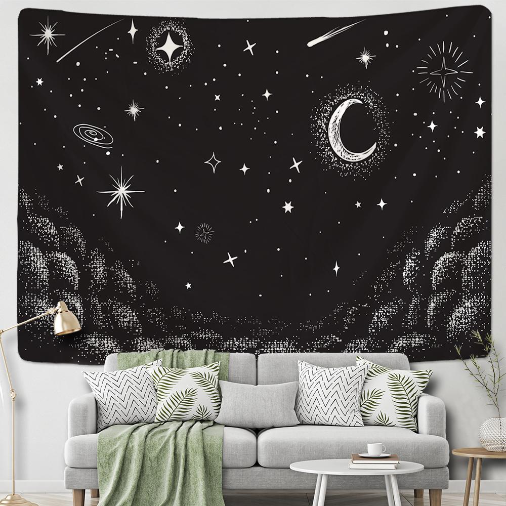 Sun Moon Tapestry Black White Starry Sky Wall Hanging Astrology Divination Matwitchcraft Hippie Mandalas Psychedelic Taiji Decor
