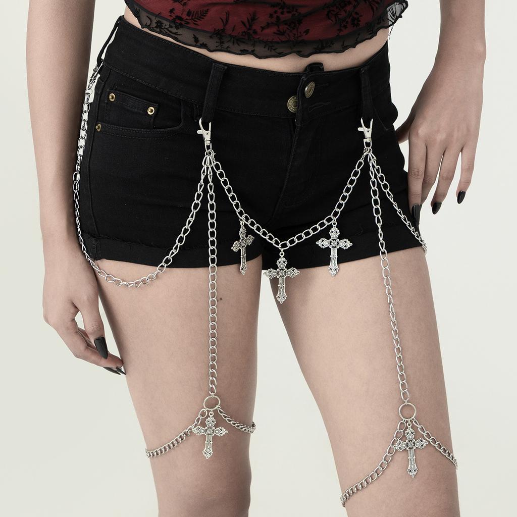 Sexy Spice Girl Cross Pendant Jeans Chain, Hip Hop Metal Chain Thigh Chain Pendant