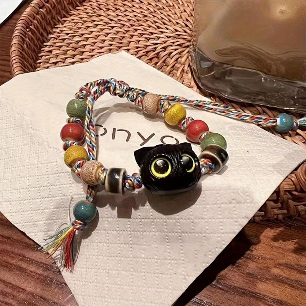 1 cute big eyed black cat pendant bead bracelet with colorful beads, a holiday gift for ladies