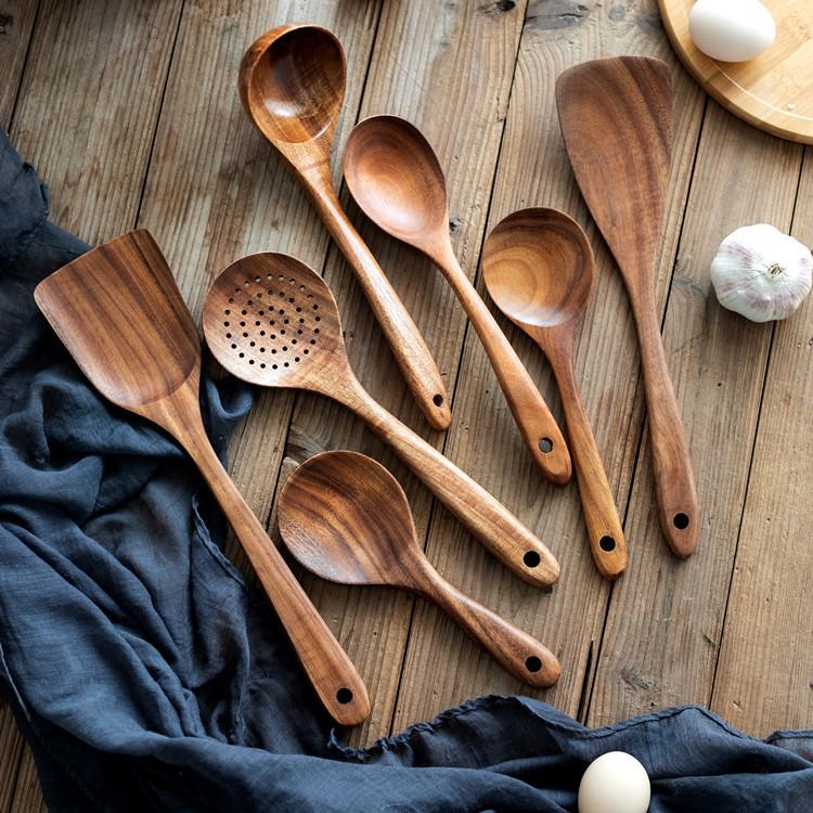 Kitchen Utensils Set Thailand Teak Wood Tableware Set Spoon Ladle Rice Colander Soup Skimmer Kitchenware Cooking Tools