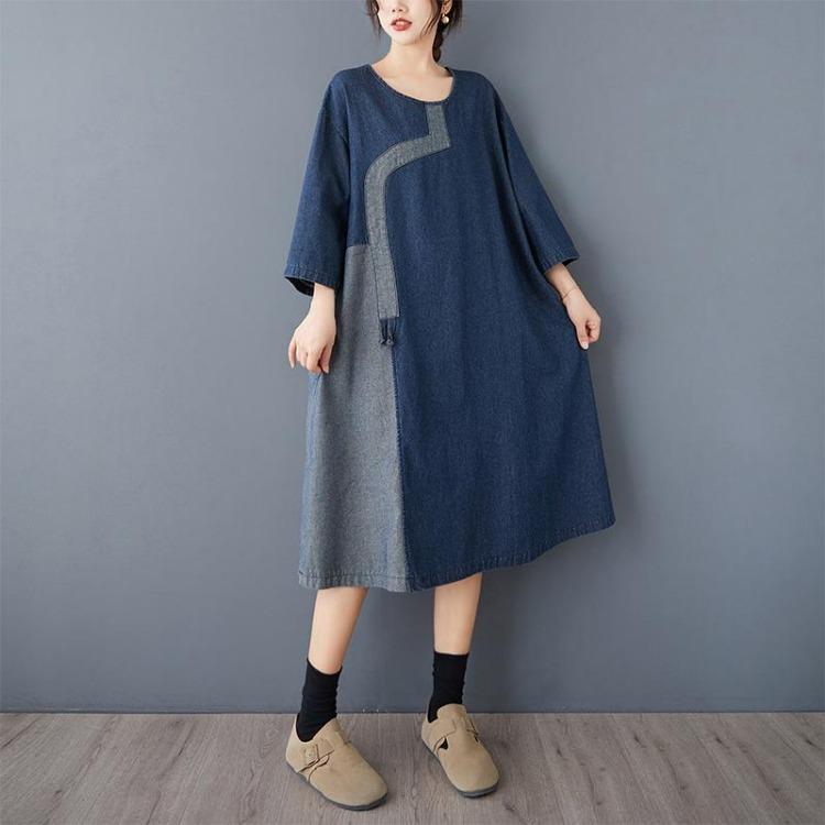 New Vintage Summer Denim Dress Women Plus Size Elegant Loose Blue Maxi Basic Dresses O Neck