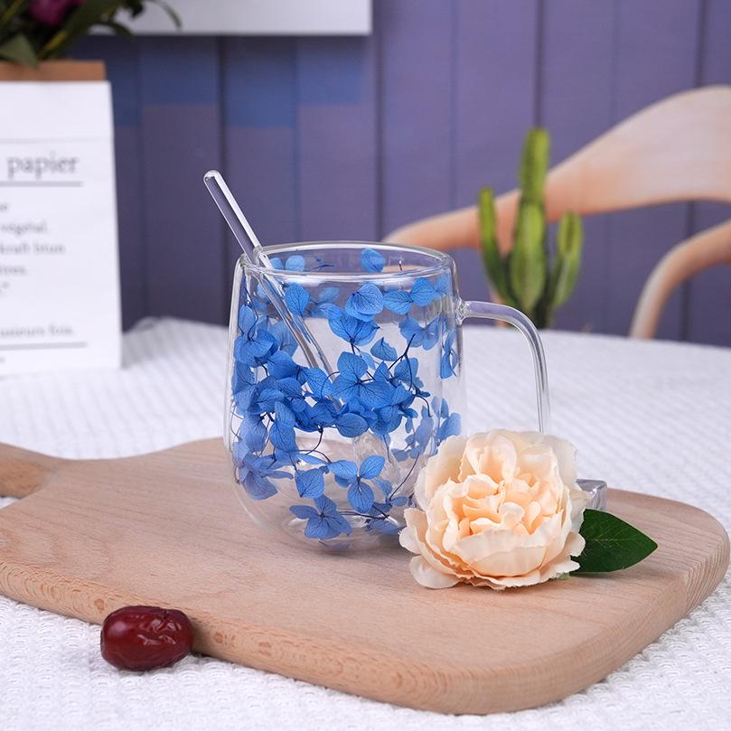 Luxury Double-Layer Glass Cup with Real Flowers and Quicksand Design