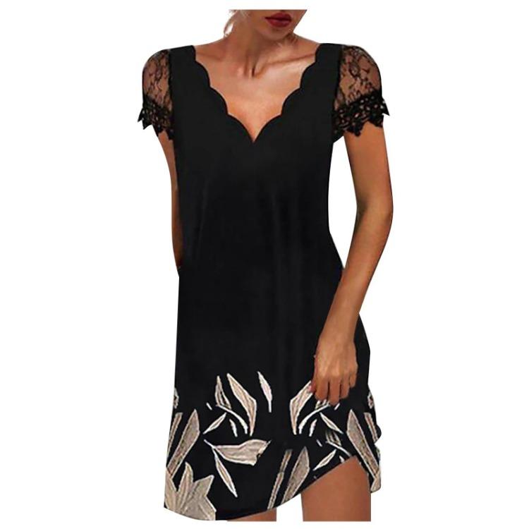 V Neck Short Sleeve Casual Dress for Women with Wave Print Lace Panel Positioning Design