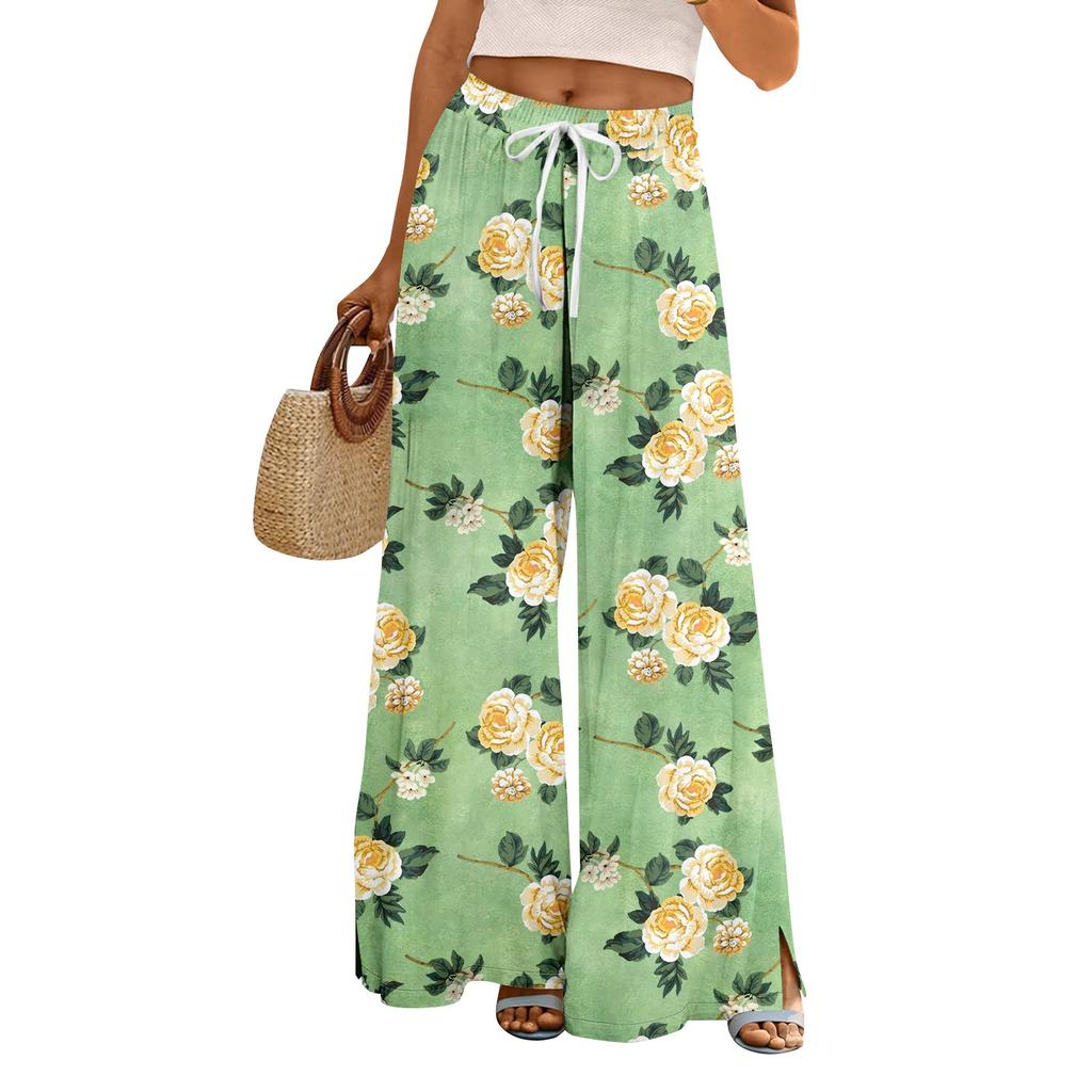 Damen Sommer Boho Palazzo Hose Hohe Taille Weites Bein Blumendruck Freizeithose Mit Taschen