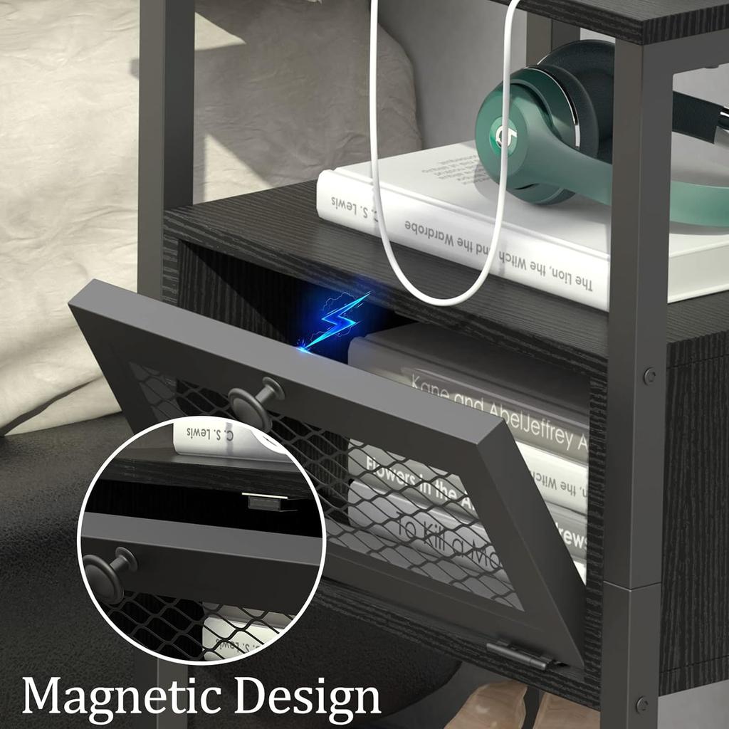 Nightstand with Charging Station, End Table with Power Outlets and USB Ports, Farmhouse Side Table with Drawer and Storage Shelf