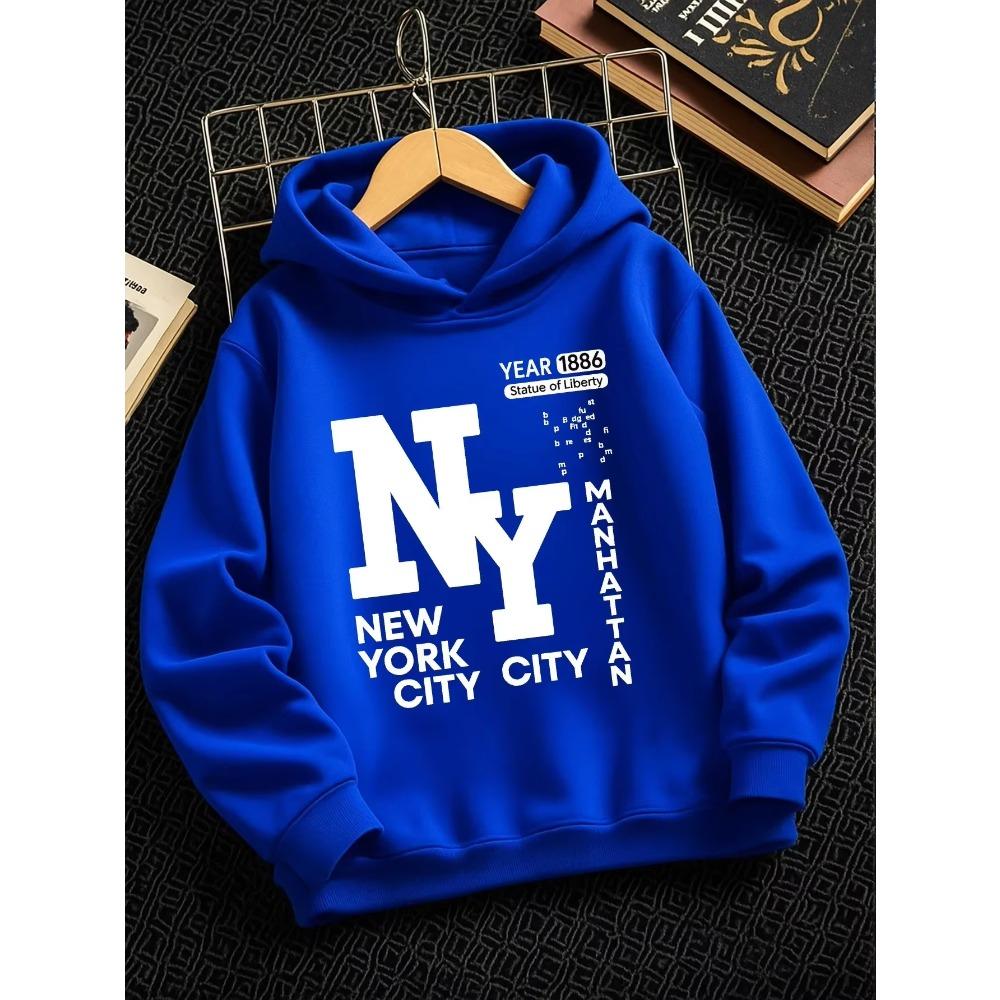 Retro New York City Kids Hoodie Manhattan Text Print Pullover Autumn Winter Fleece Warm Street Style Children Hooded Sweatshirt