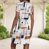 Women Plus Size Round Neck Short Sleeve Geometric Printed Fitted Mini Dress Black White Orange
